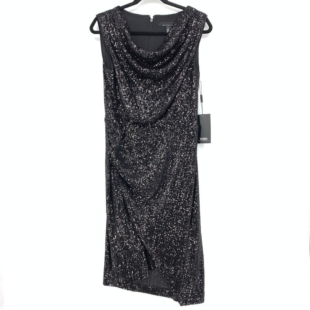 White House Black Market Sleeveless Sequin Draped Sheath Dress Size 8 Black NEW
